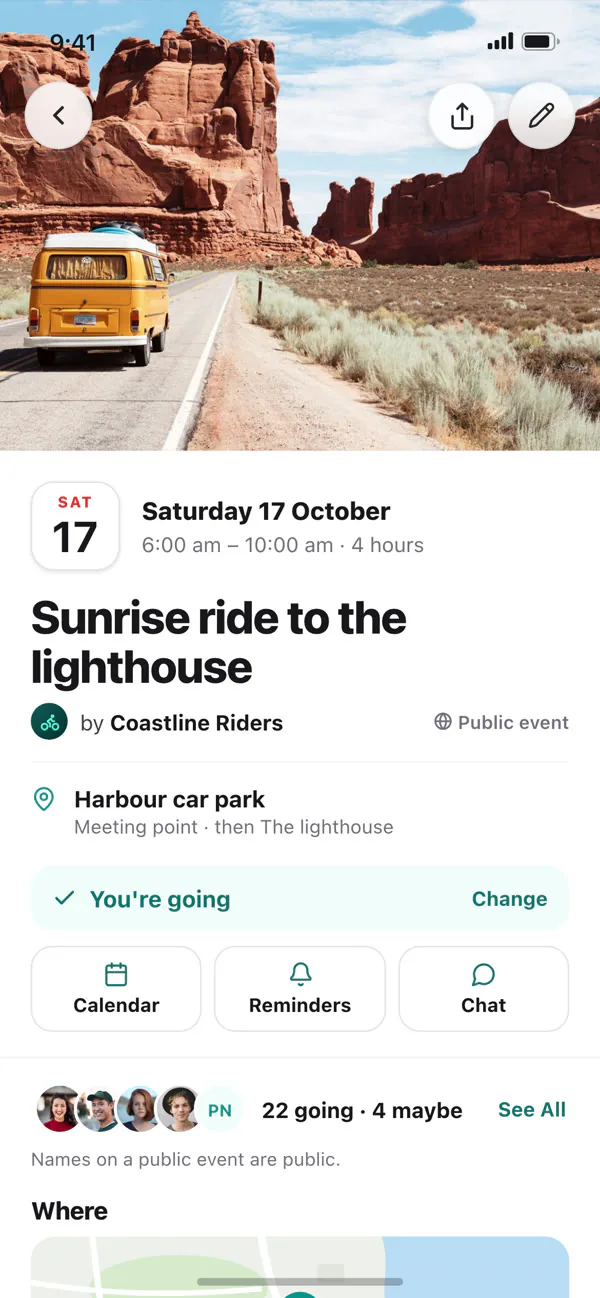 An event page with Going, calendar and reminders