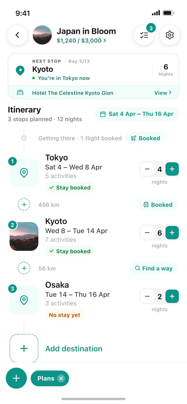 A trip plan with stops, nights and stays