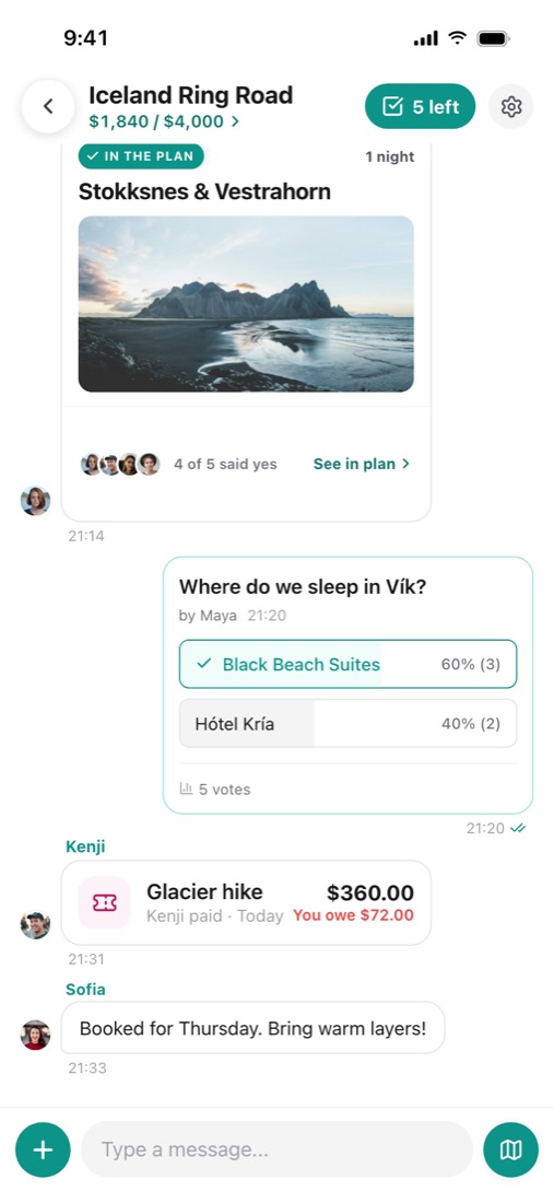 Trip chat with polls and shared photos
