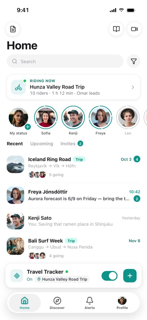 Otrip home screen with upcoming trips