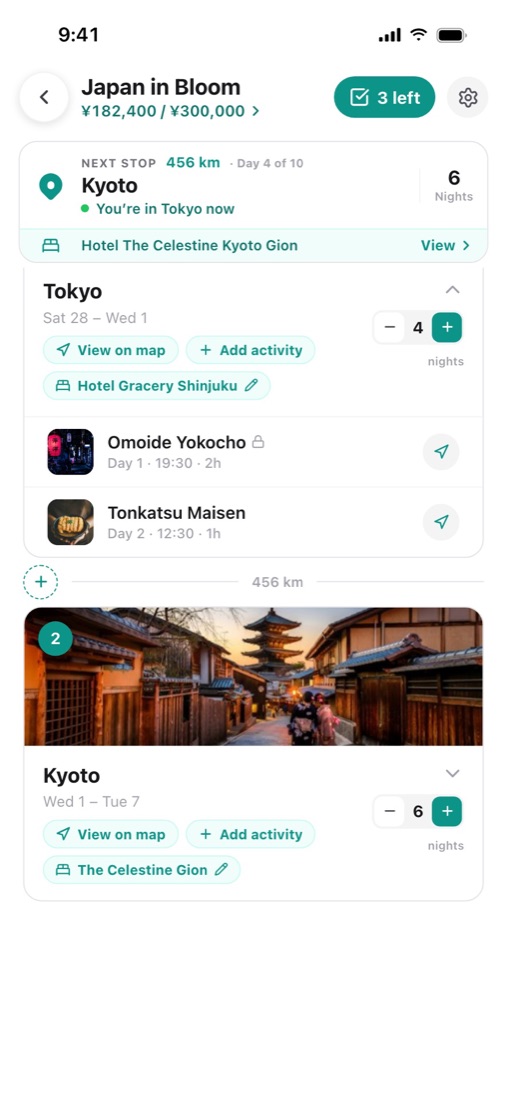 Trip plan with cities, stays and activities