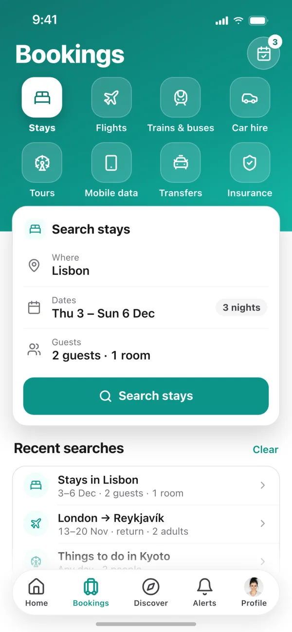 Bookings tab with stays, flights, trains, tours and more