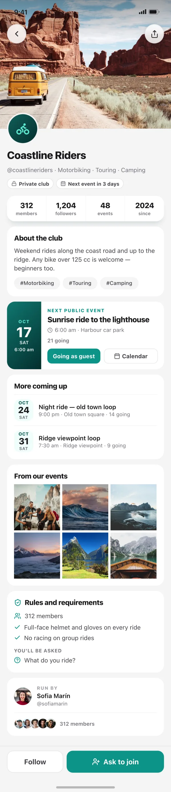 A club’s page with its next event